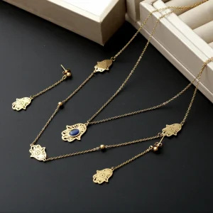 Ensemble deux pièces acier garanti inoxydable khamsa 2 lignes pierre bleu nuit