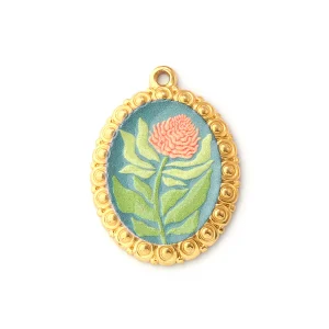 Charms Médaille Oval Vert Fleur Rose Rouge