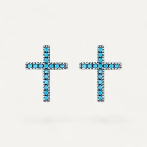 Boucles d'Oreilles Croix Pierres Bleues
