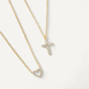 Collier Croix & Cœur Dorés en Cristaux