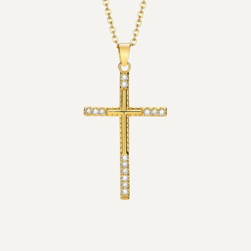 Collier Croix en Zirconium Cubique Doré