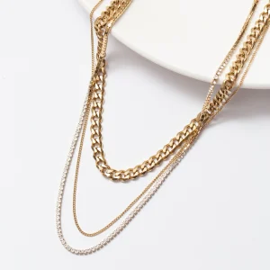 Collier Acier Doré tendance avec 3 lignes de chaines