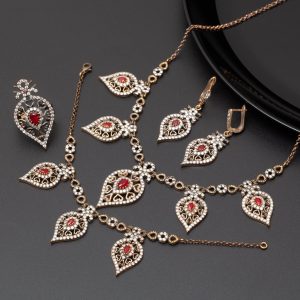 Ensemble 4 pièces bronze bijoux traditionnel  pierre rouge amande