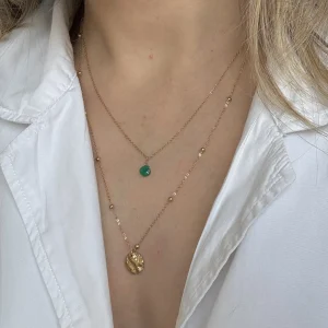 Collier double rang PAMPILLE & GOUTTE – Doré & Vert émeraude