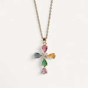 Collier Croix Multicolore Élégance Dorée