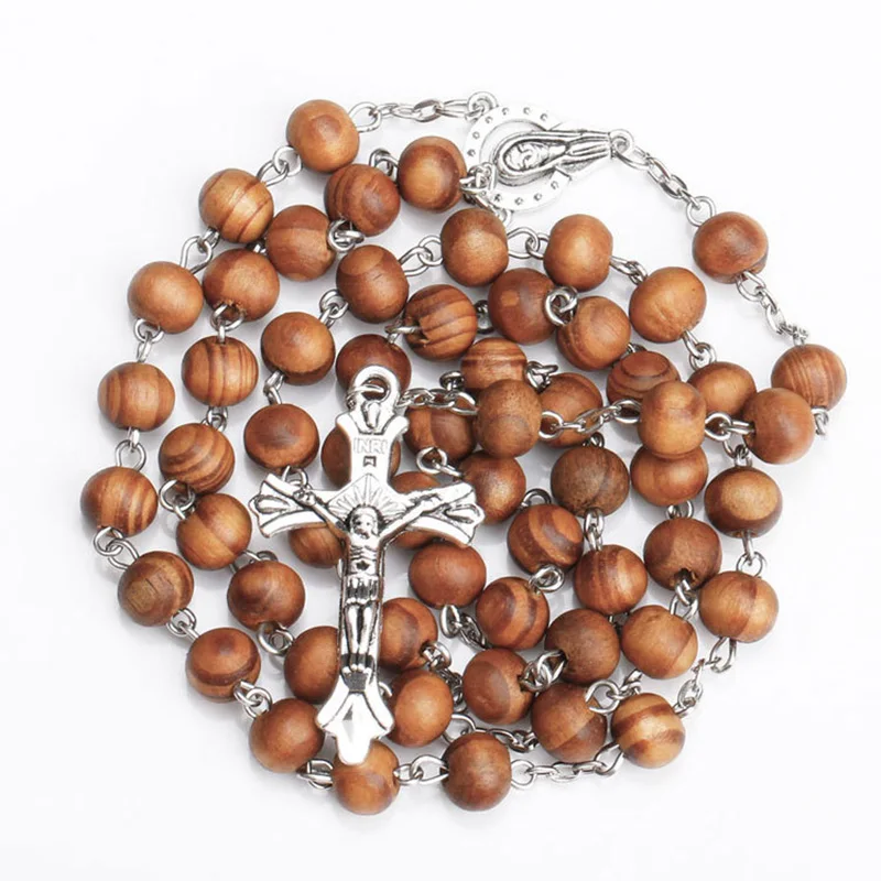 Chapelet Perles en Bois avec Croix en Acier – Image 4