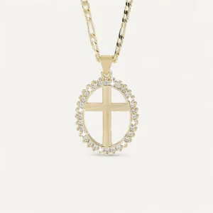 Collier Croix Ovale Doré Éclat Cristal