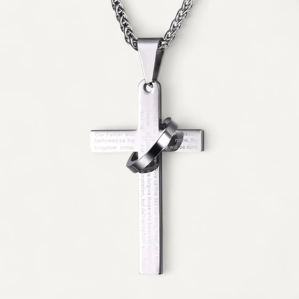 Collier Croix Gravée avec Anneau – Image 3
