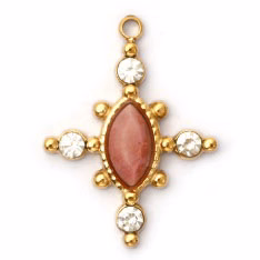 Charms Croix Pierre rose (Rhodochrosite) et Strass