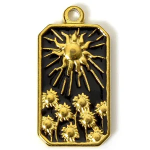 Charms Médaille Rectangle Soleil Fleur - Email Noir