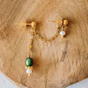 Double boucles Calypso - Perles d’eau douce blanches & verte